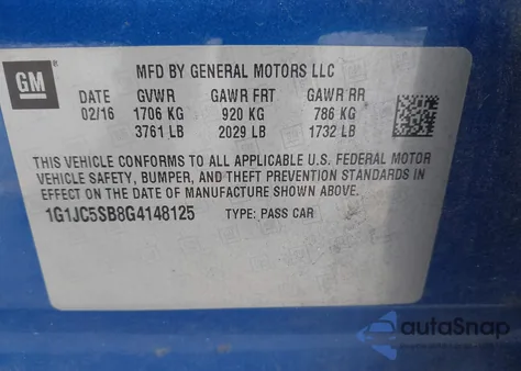 2016 Chevrolet Sonic Lt Auto из США, поврежденный, VIN 1G1JC5SB8G4148125